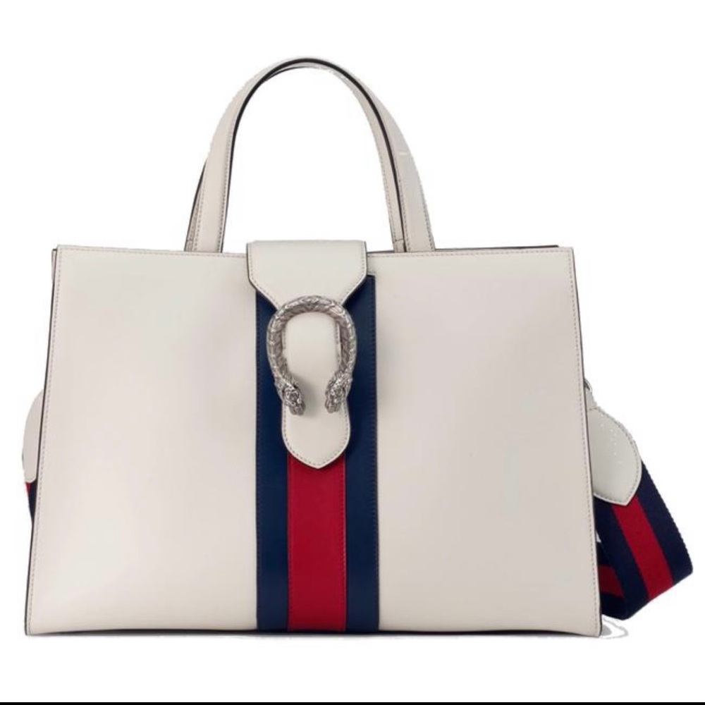 Gucci Dionysus medium web stripe top handle white red blue leather crossbody